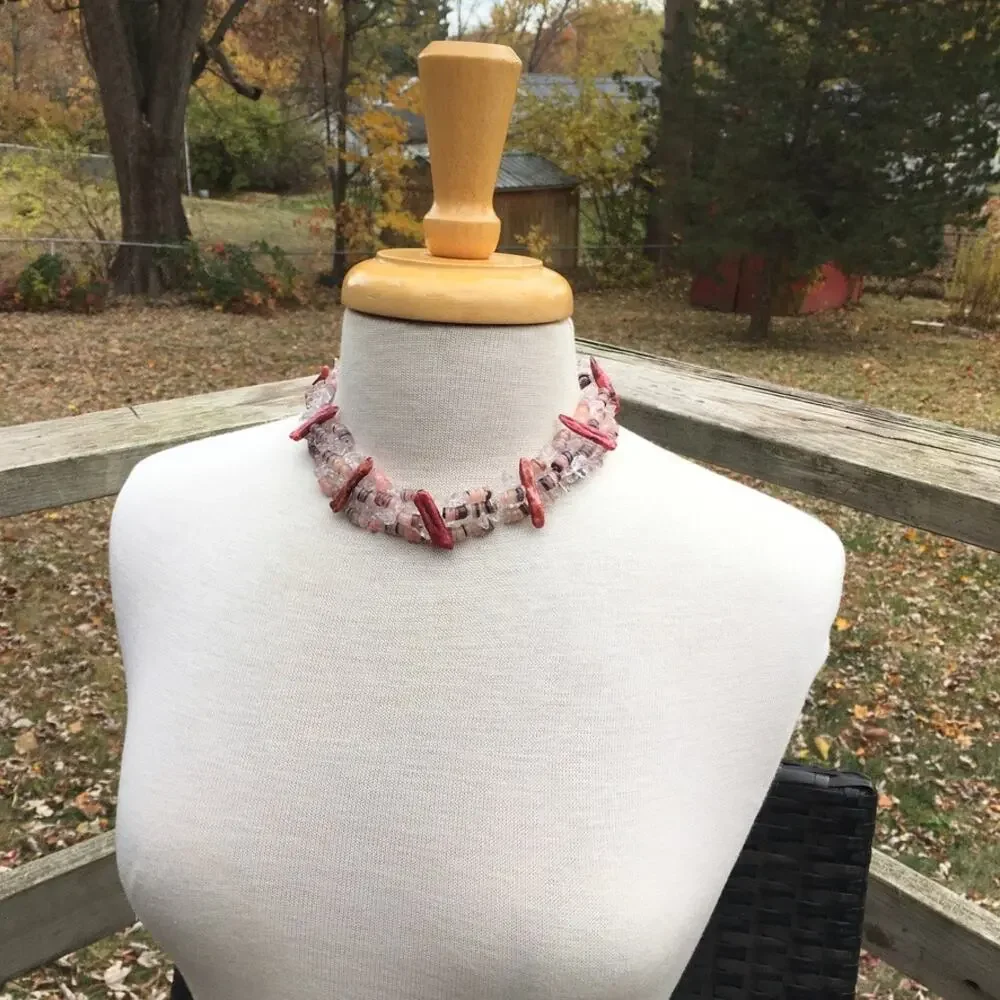 Unique natural materials pink and clear collar necklace